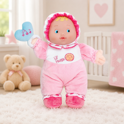 Plush baby doll in pink outfit with heart-shaped toy in a nursery setting