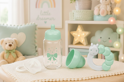 main photo of mint baby doll bottle and accessories