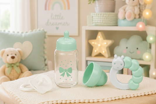 main photo of mint baby doll bottle and accessories