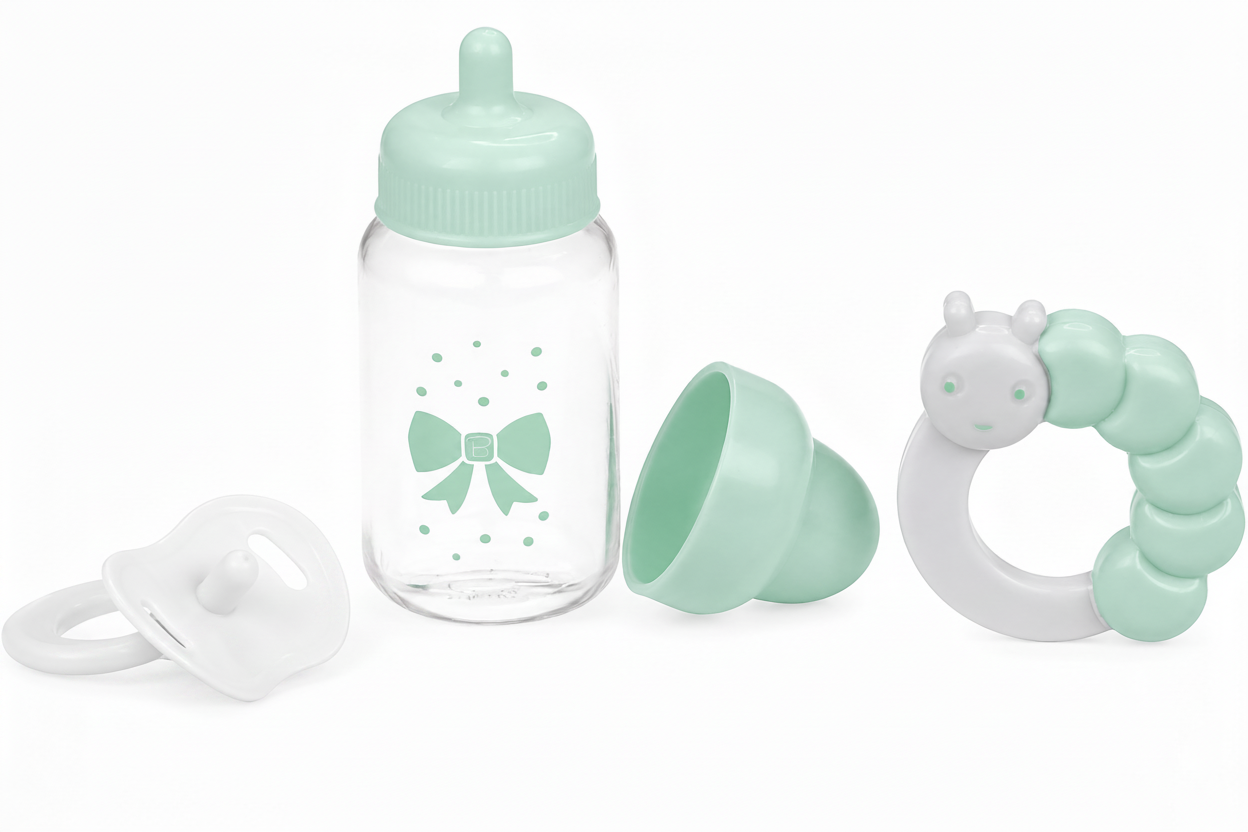 photo of baby doll accessories outside of their packaging in white background