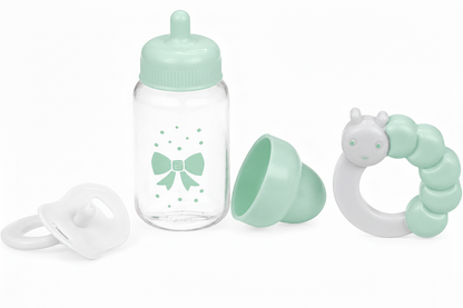 photo of baby doll accessories outside of their packaging in white background