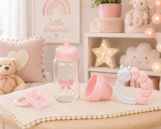 Baby bottle, teether, and other toys on a surface with a soft, pastel-colored background.