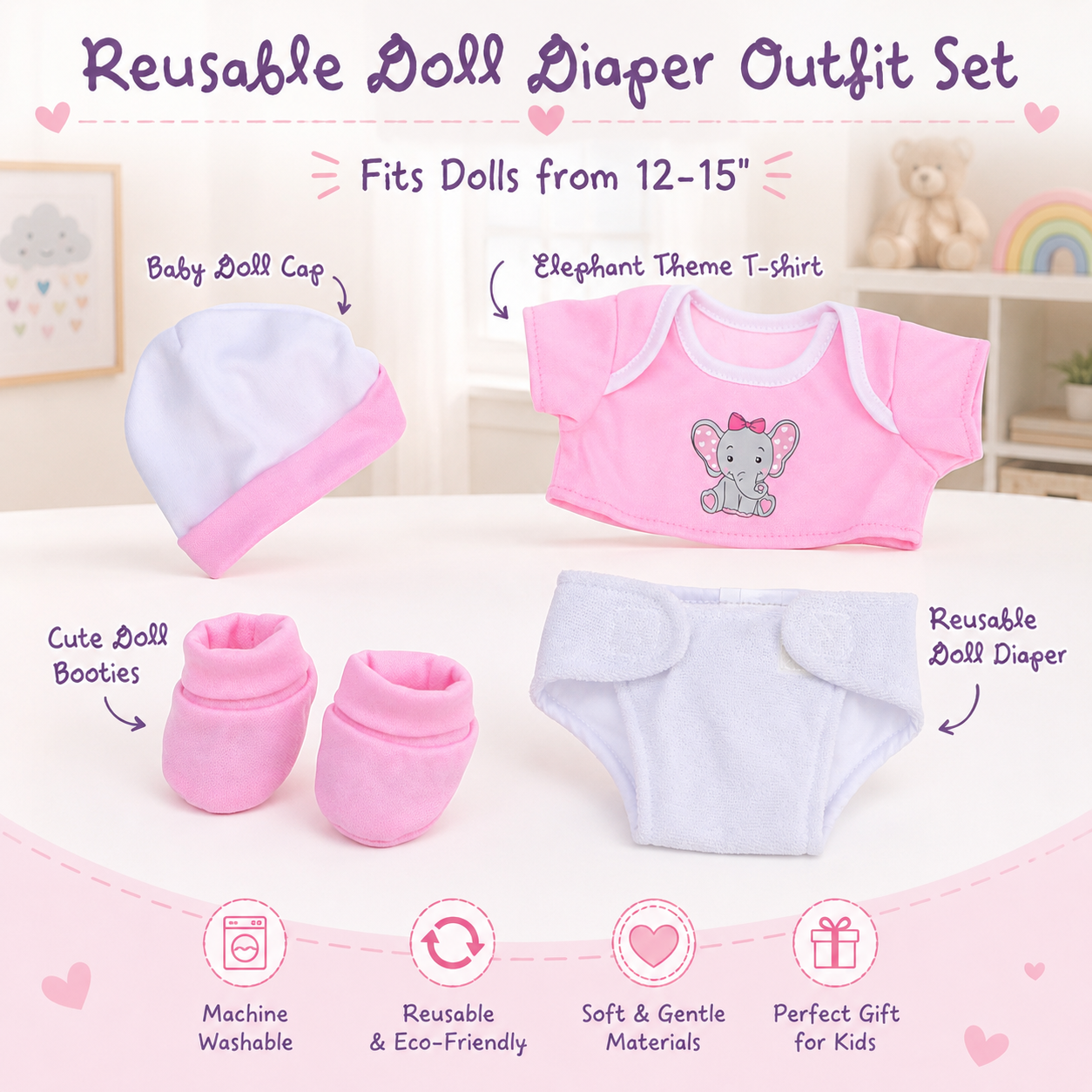 Reusable doll diaper outfit set with baby doll cap, t-shirt, booties, and diaper on a neutral background.