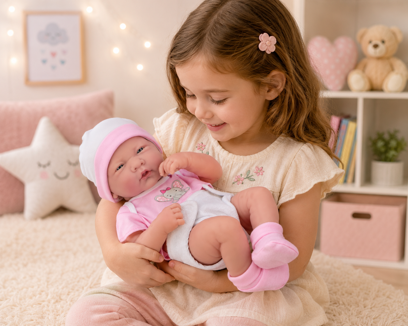 Young girl holding a baby doll in a cozy room with toys and soft lighting.