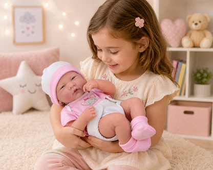 Young girl holding a baby doll in a cozy room with toys and soft lighting.