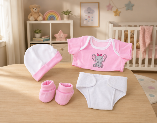 Baby clothing set with pink outfit, white hat, pink shoes, and white diaper on a wooden surface in a nursery.