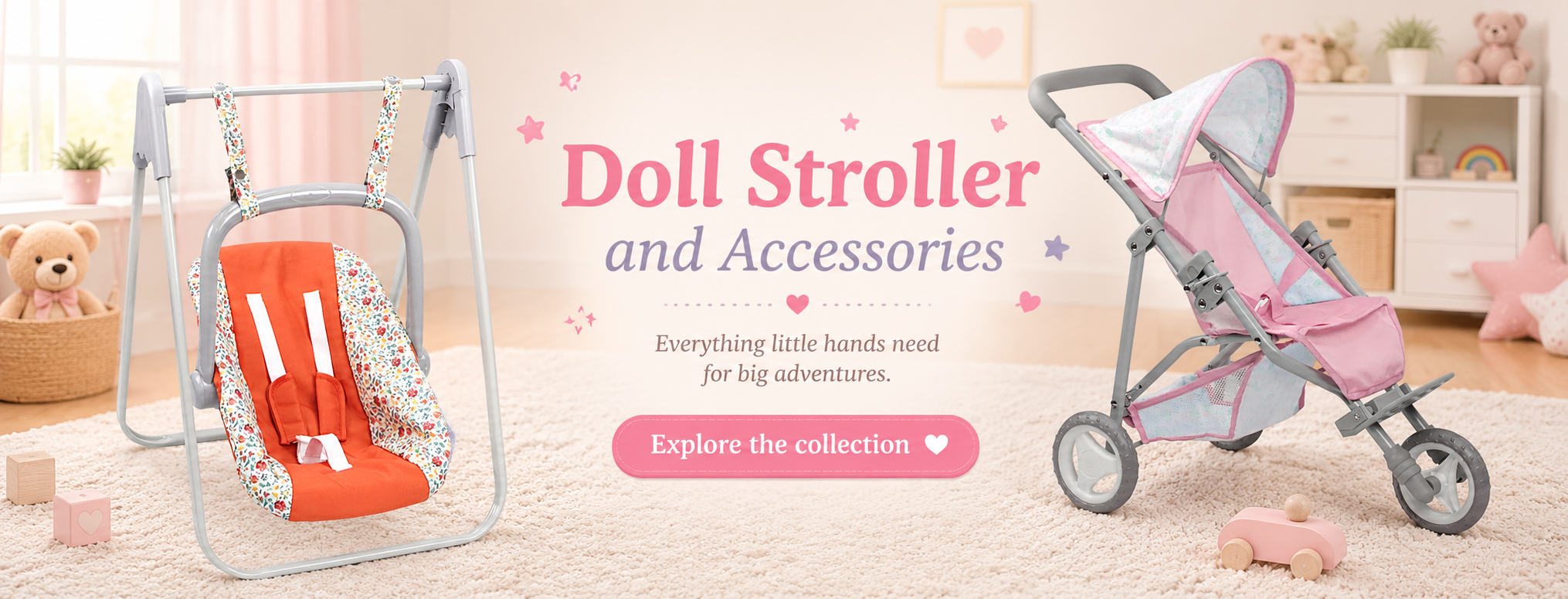 Doll stroller and swing with text 'Doll Stroller and Accessories' on a soft background.
