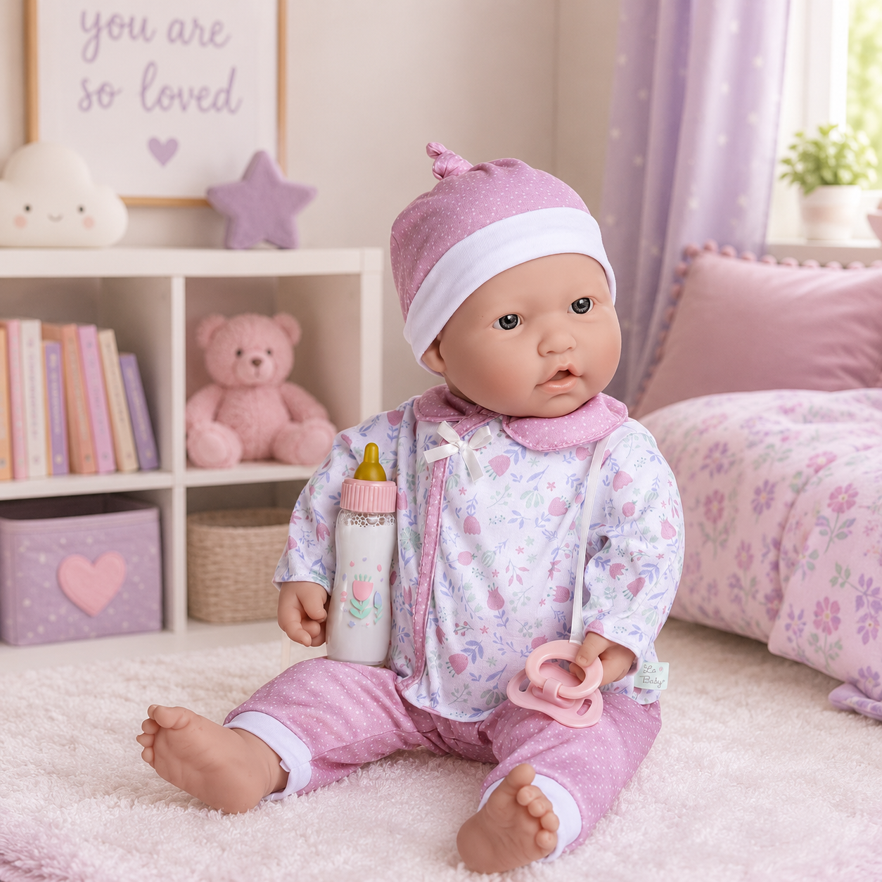 Baby doll in a pink outfit with a bottle and pacifier in a room with a teddy bear and books.