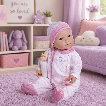 Baby doll in a pink outfit with a bottle and pacifier in a room with toys and decor.