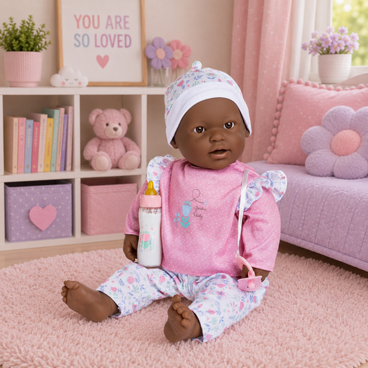 Doll in a pink outfit sitting on a pink rug with a cozy room background.