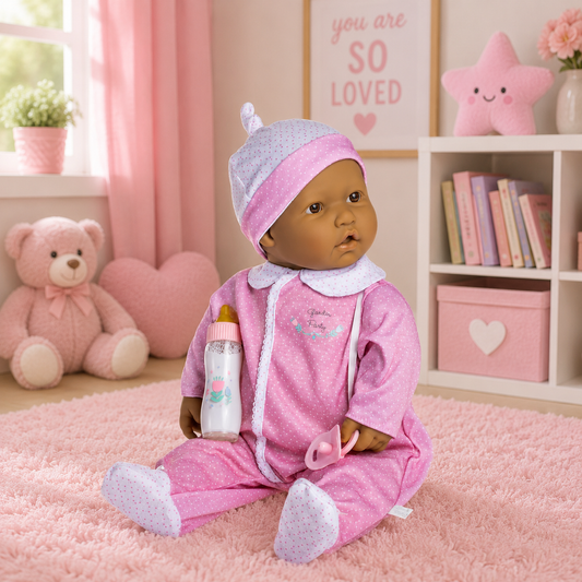 Baby doll in pink outfit holding a bottle in a room with pink decor