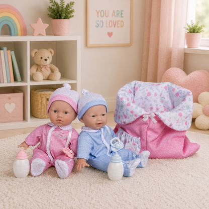 Two baby dolls in pink and blue outfits with a pink bassinet in a room with toys and decor.