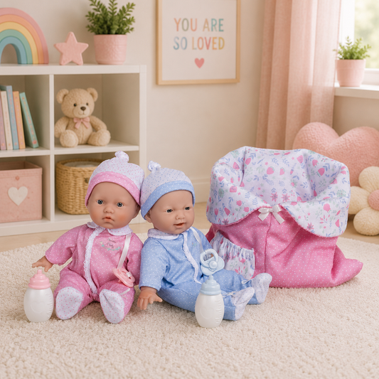 Two baby dolls in pink and blue outfits with a pink bassinet in a room with toys and decor.