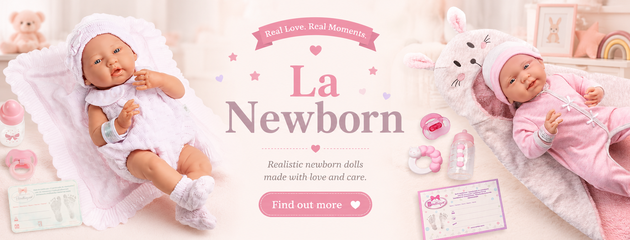 Newborn baby doll in pink outfit with 'La Newborn' branding on a soft background.