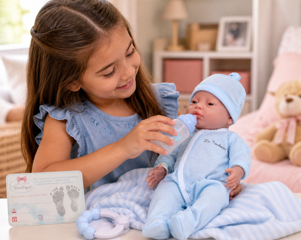 Young girl holding a baby doll and bottle in a cozy room with toys and furniture.