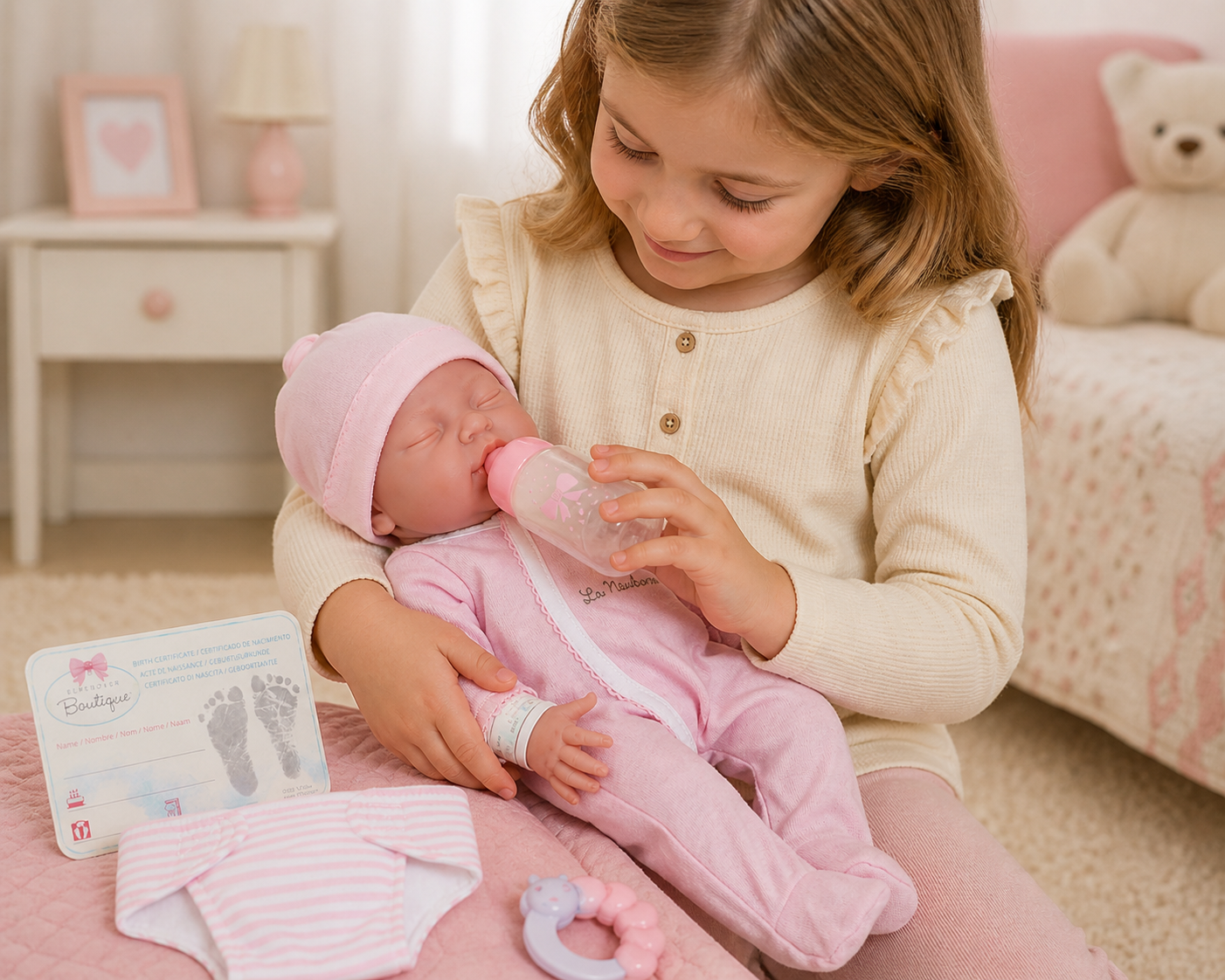 Young girl holding a baby doll and bottle in a cozy room.