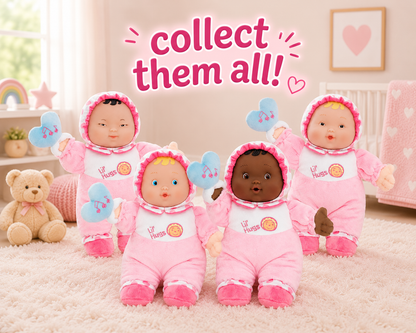 Four baby dolls in pink outfits with a teddy bear and text 'collect them all!' in a room setting.