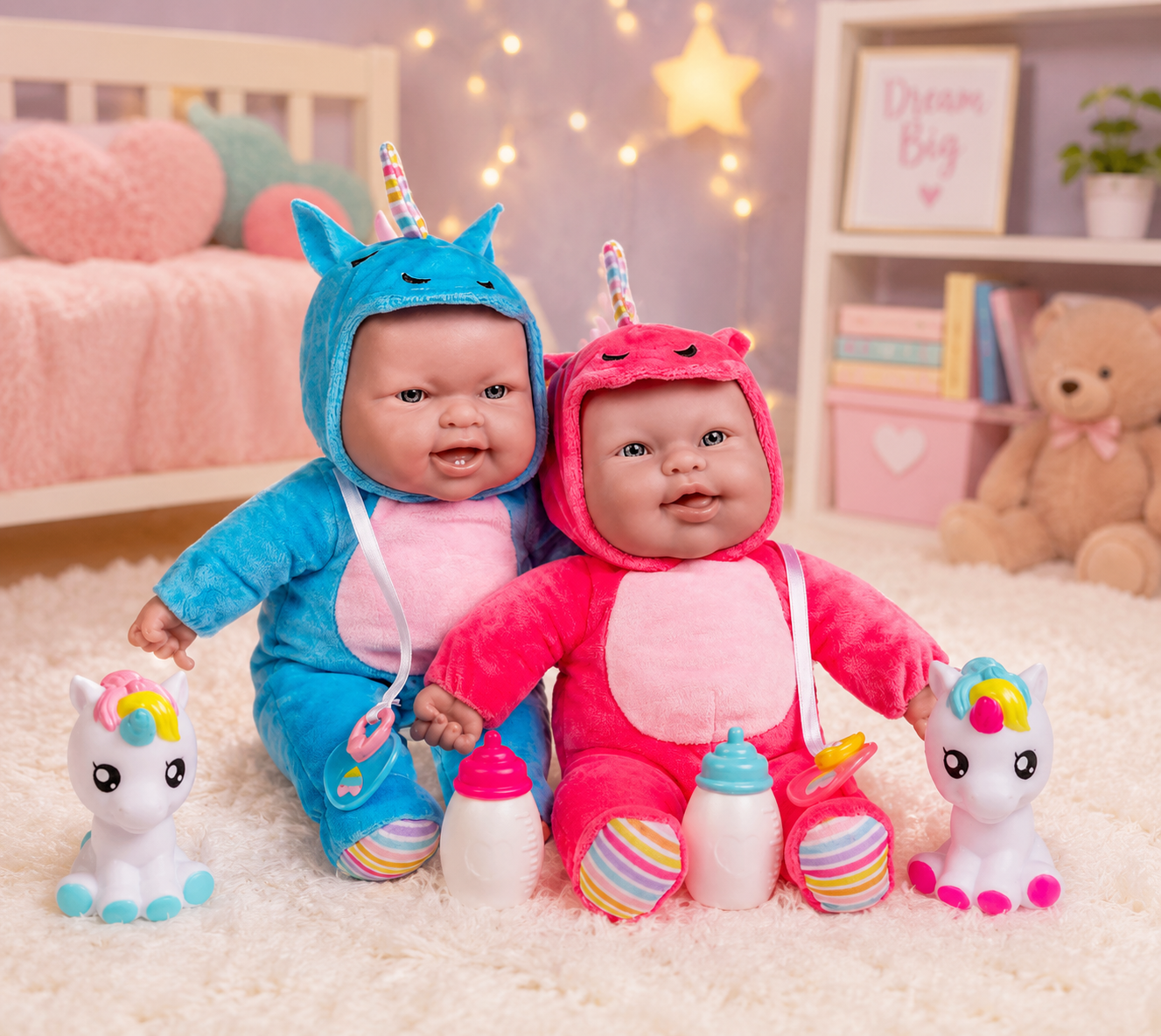 Two babies in colorful outfits with toys in a room setting