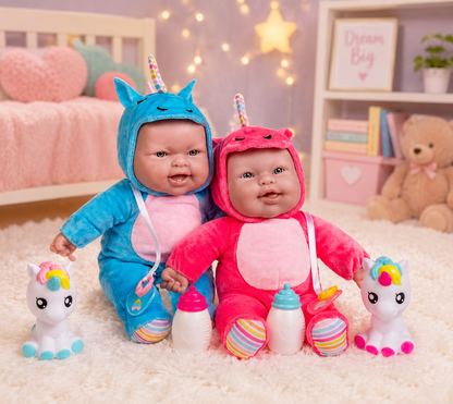 Two babies in colorful outfits with toys in a room setting