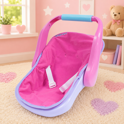 Pink and purple baby seat in a child-friendly room with toys and decorations.