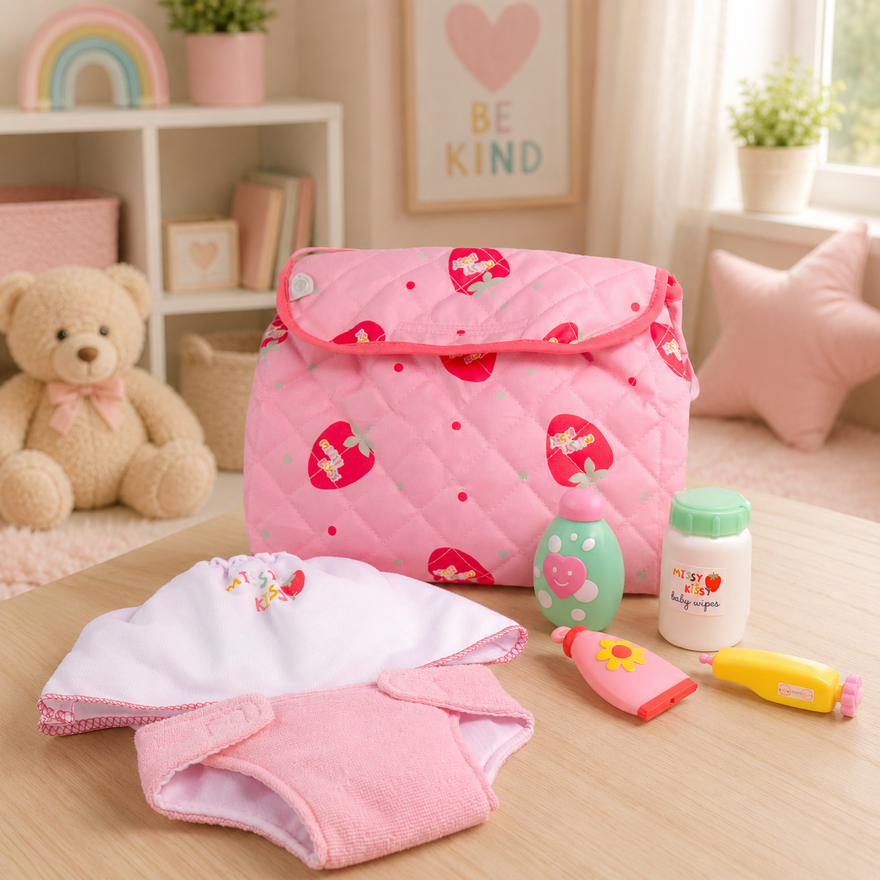 Pink baby bag with toys and items on a wooden surface in a room with decor elements.