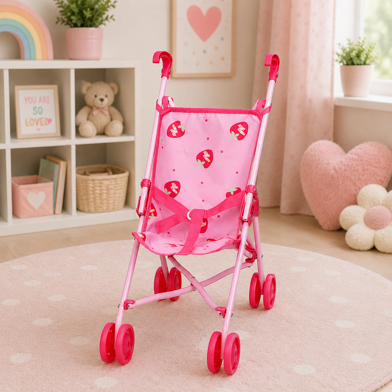 Pink toy stroller with heart patterns in a child's room