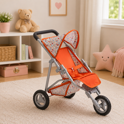 Orange and floral stroller in a room with toys and decor