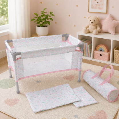 pink floral play pen with travel case
