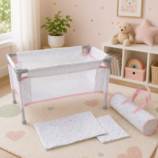 pink floral play pen with travel case

