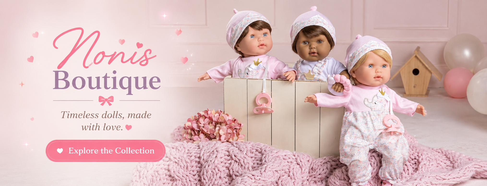 Three dolls in a wooden box with 'Noni's Boutique' branding and promotional text.