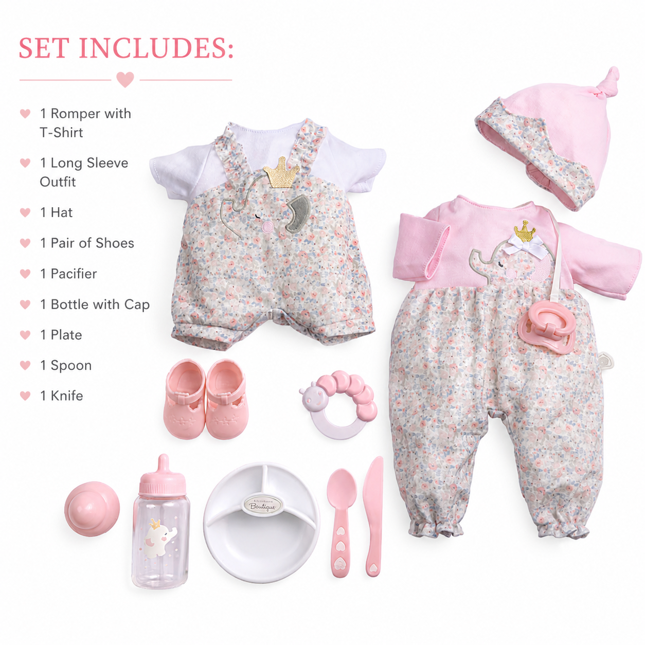 Baby outfit set with romper, hat, shoes, and other accessories on a white background