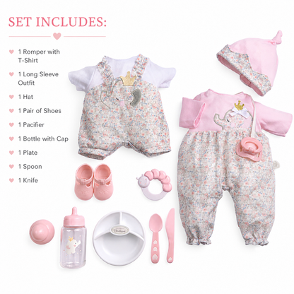 Baby outfit set with romper, hat, shoes, and other accessories on a white background
