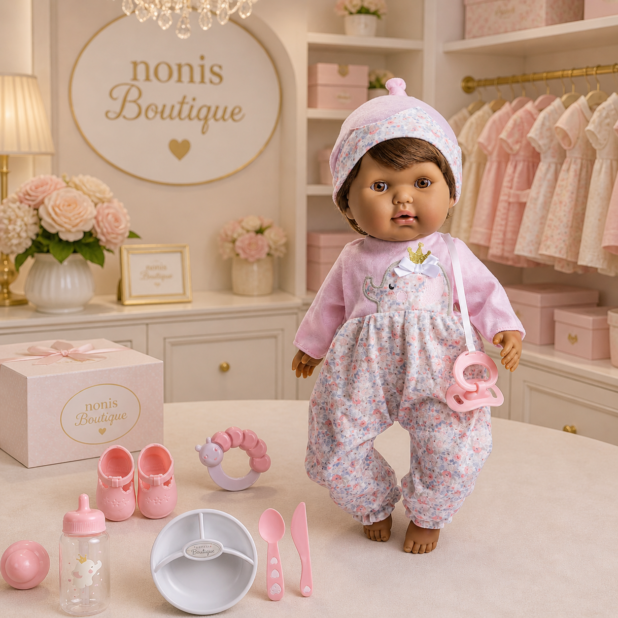 15” Hispanic Soft Body Baby Doll with Elephant Outfit & Accessories 10 Piece Gift Set | Open & Close Eyes | JC Toys Nonis Boutique