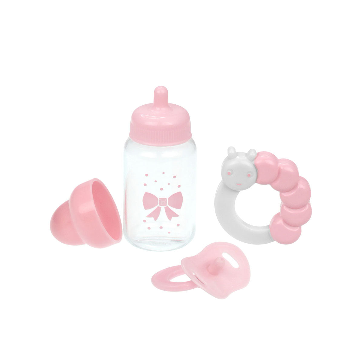 Baby bottle, teether, and pacifier set with pink and white design on a white background