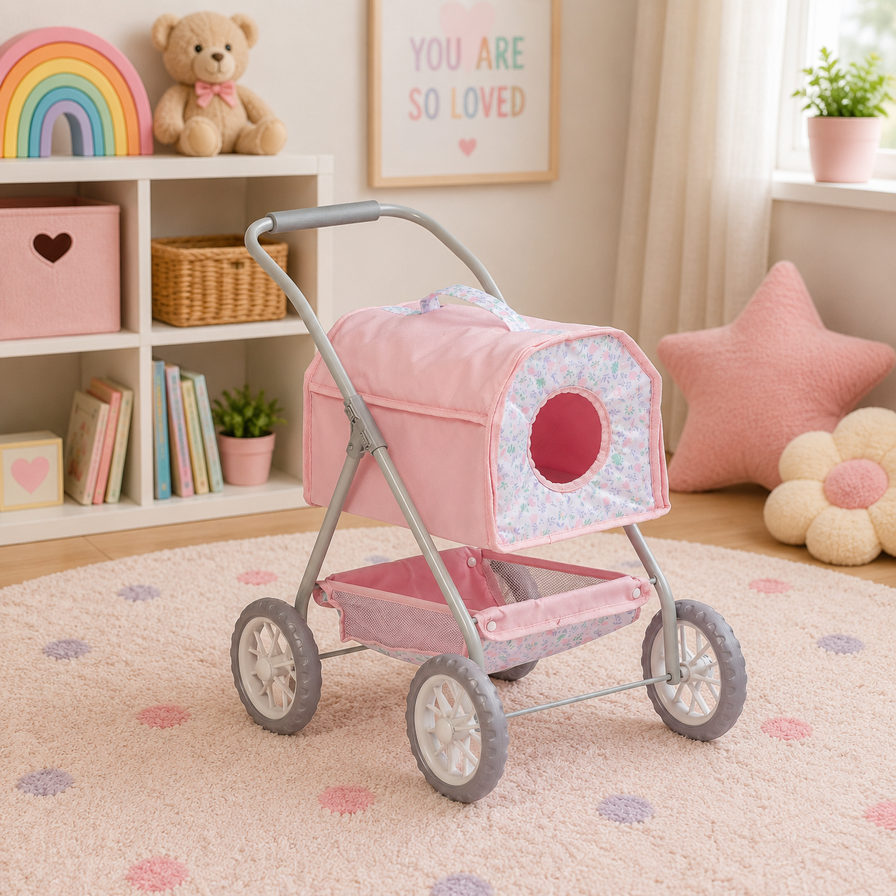 Pink pet stroller with a cushioned top in a child's room with toys and decor.