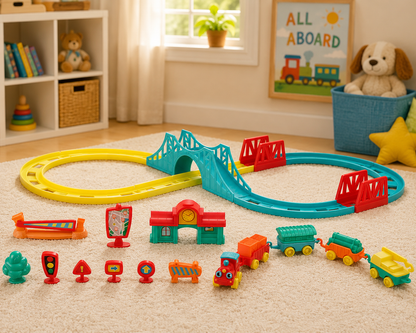 Colorful toy train set with tracks and accessories on a carpeted floor.