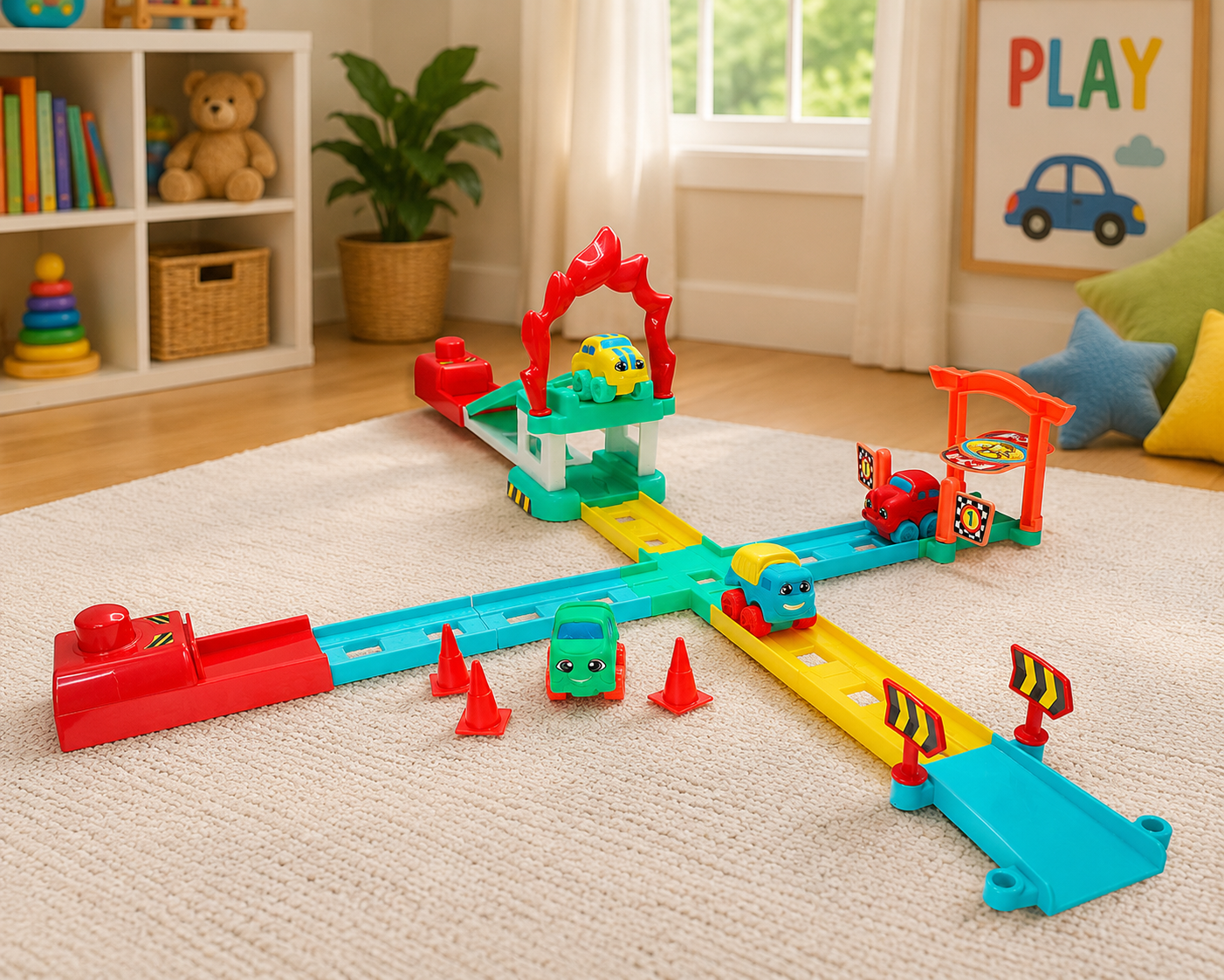 Colorful toy train set on a carpeted floor with a child's room in the background.