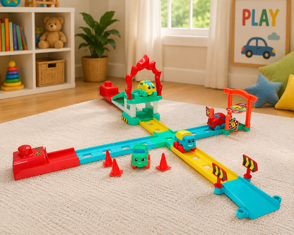 Colorful toy train set on a carpeted floor with a child's room in the background.