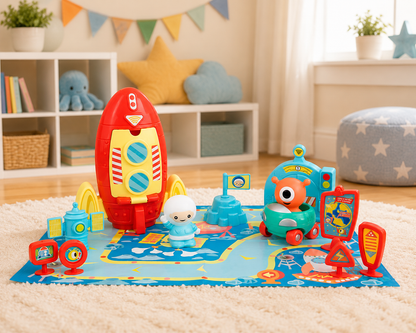 Colorful toy set with a rug featuring cartoon characters in a child's room.