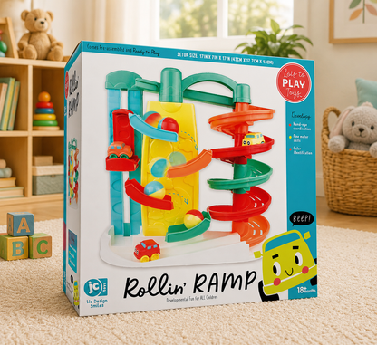 Toy packaging of 'Rollin' Ramp' with colorful ramps and cars on a neutral background.
