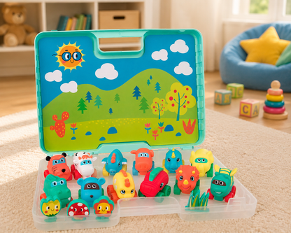 Set of colorful animal figurines in a carrying case with a scenic design on a carpeted floor.