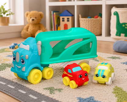 Toy truck with a crane and two cars on a rug in a child's room.