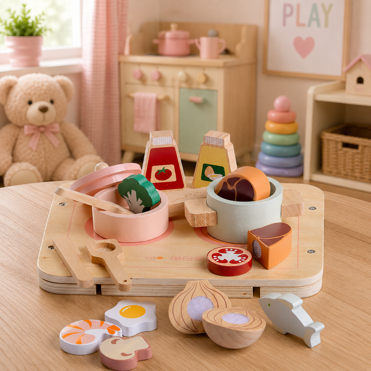 Wooden toy set with colorful shapes and a teddy bear in a playroom setting.