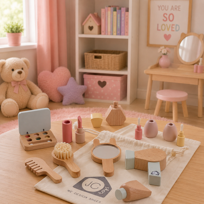 Children's playset with toys on a table in a room with a teddy bear and shelves.