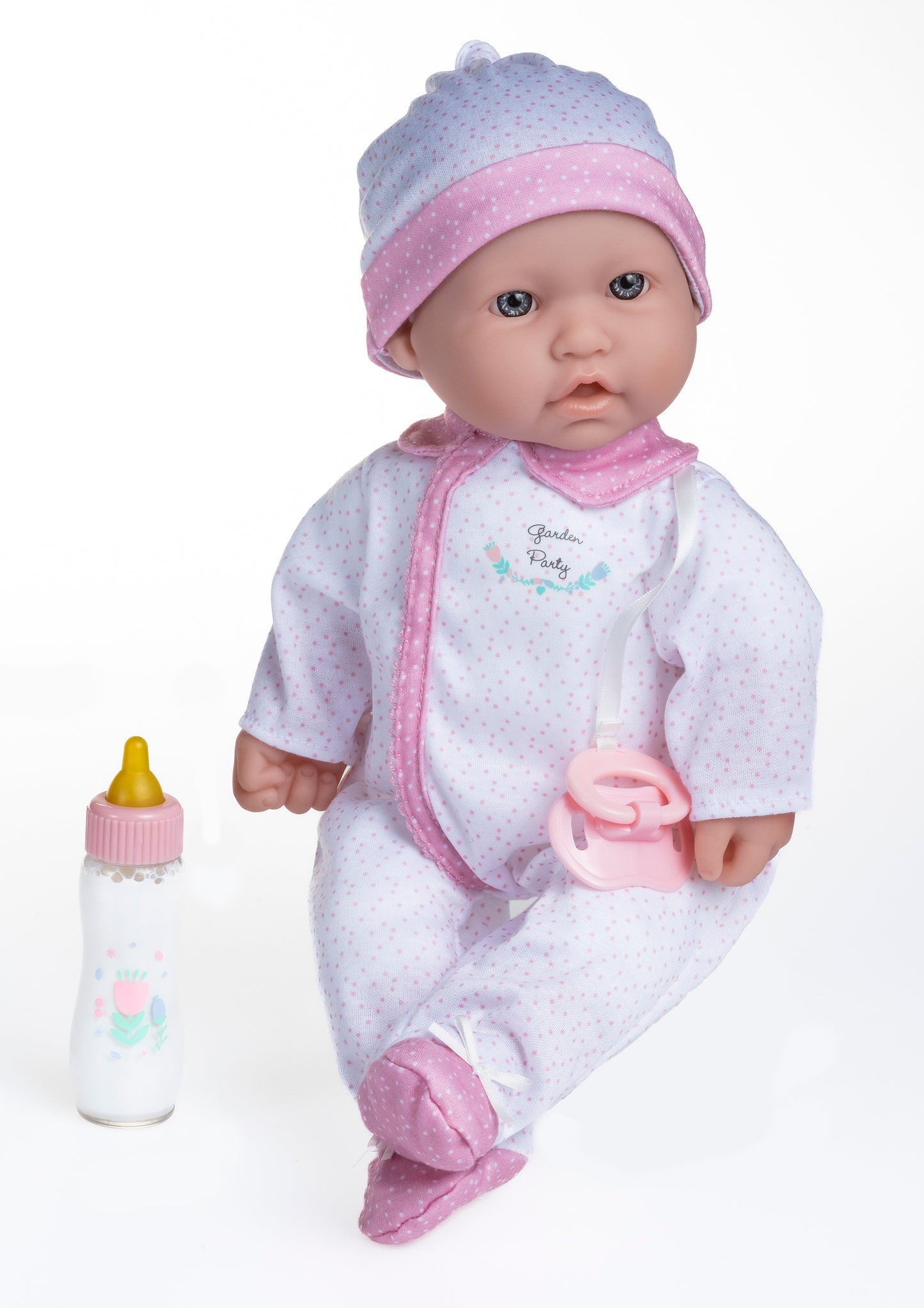 La Baby ® 16" Soft Body Baby Doll White/Pink Onesie w/ Pacifier & Magic Bottle.