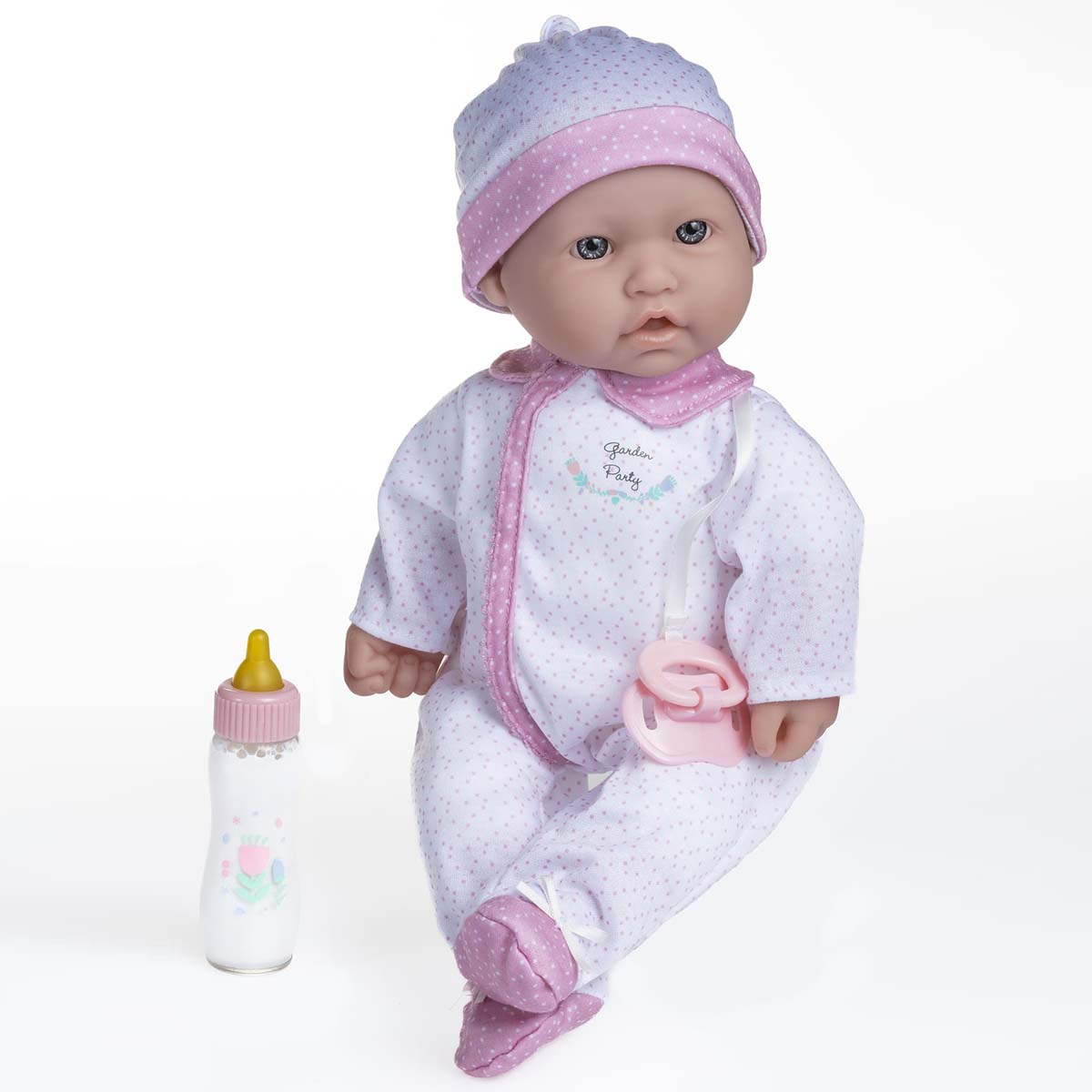 La Baby ® 16" Soft Body Baby Doll White/Pink Onesie w/ Pacifier & Magic Bottle.