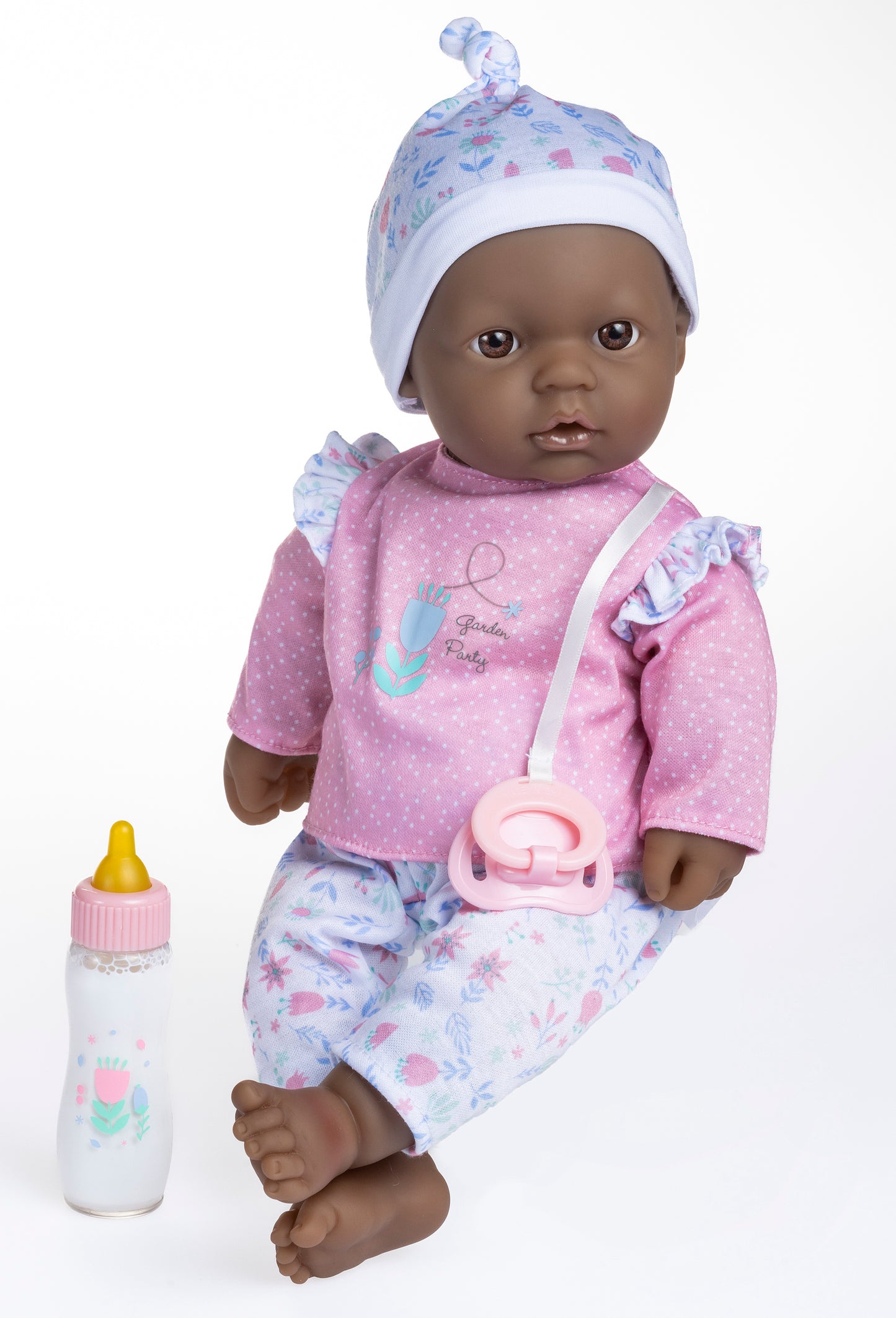 La Baby ® 16" Soft Body Baby Doll Pink/White 3 Piece Outfit w/ Pacifier & Magic Bottle. African American.