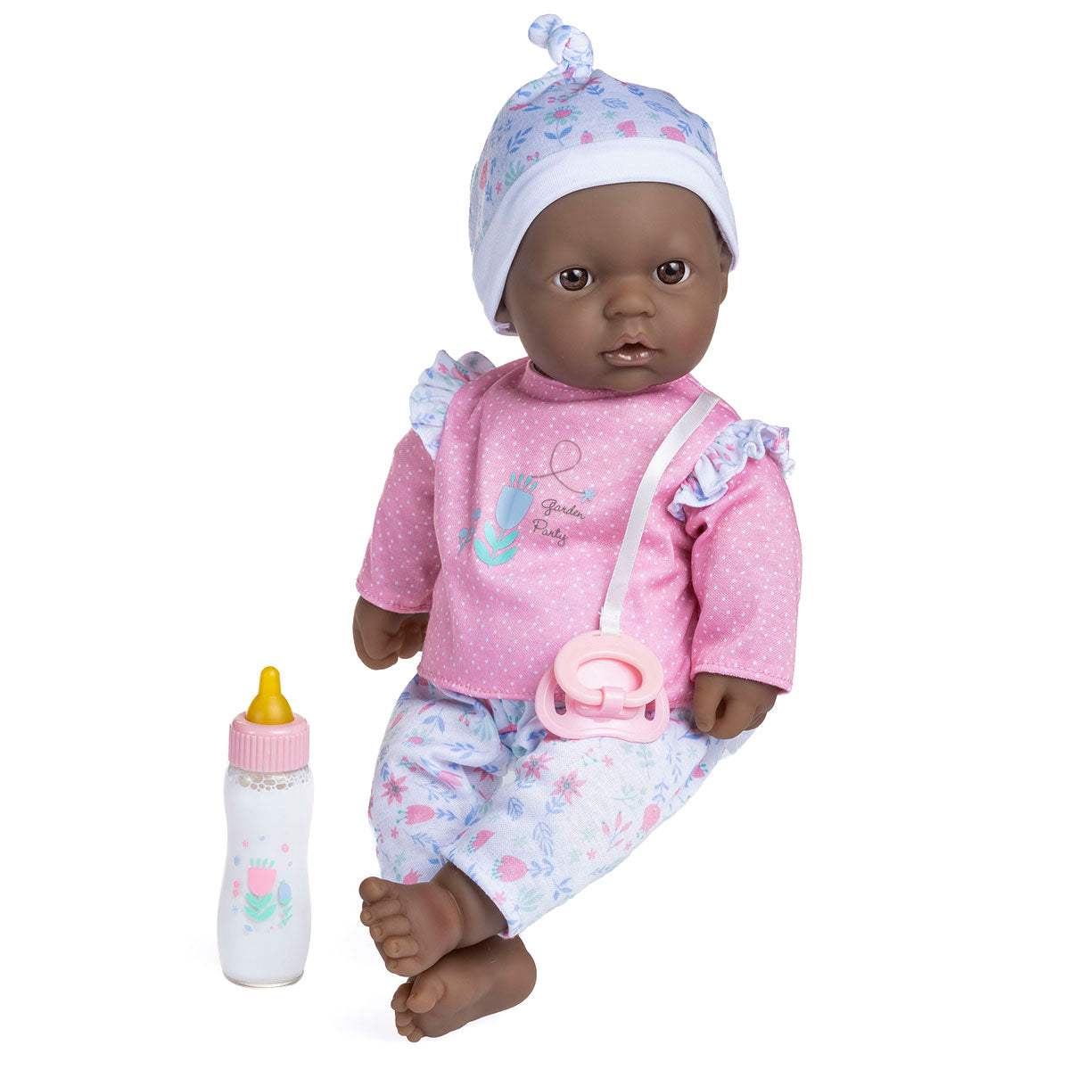 La Baby ® 16" Soft Body Baby Doll Pink/White 3 Piece Outfit w/ Pacifier & Magic Bottle. African American.