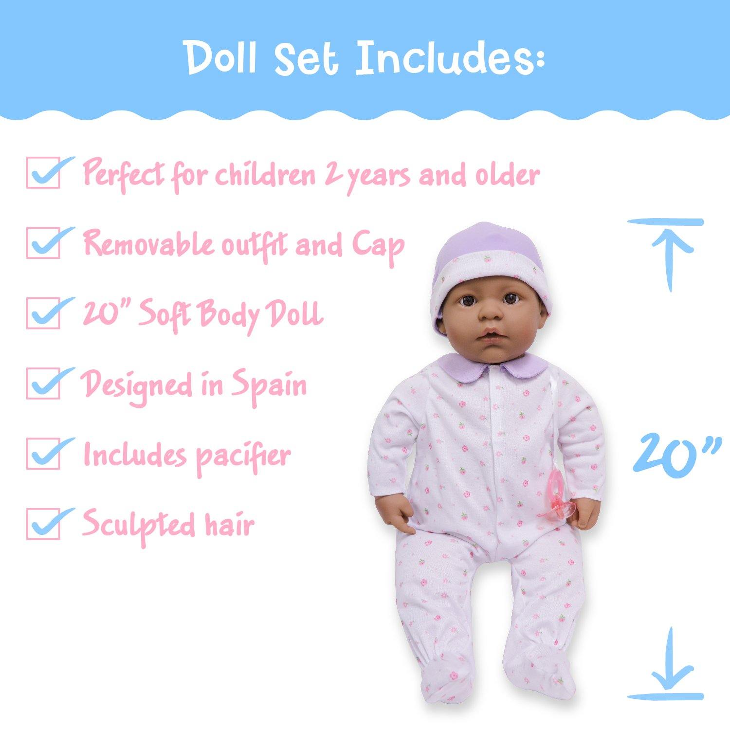 La Baby Play Doll - 20" Hispanic Soft Body Baby Doll in baby outfit Purple w/ Pacifier - JC Toys Group Inc.