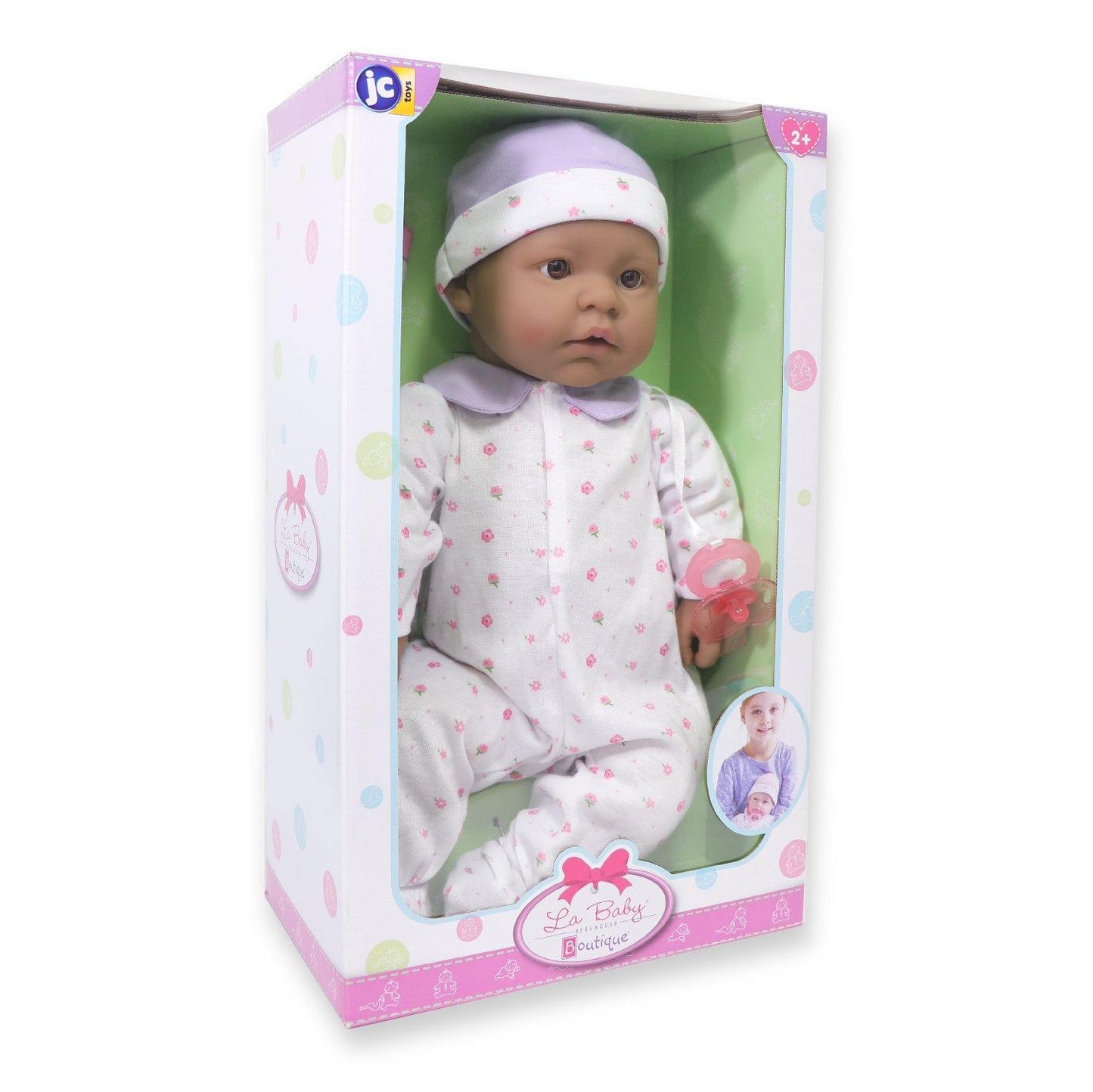 La Baby Play Doll - 20" Hispanic Soft Body Baby Doll in baby outfit Purple w/ Pacifier - JC Toys Group Inc.